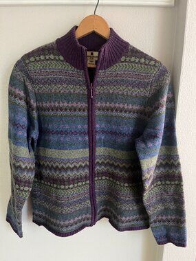 Woolrich 100% Lambswool Fair Isle Zip-Up Sweater in Purple